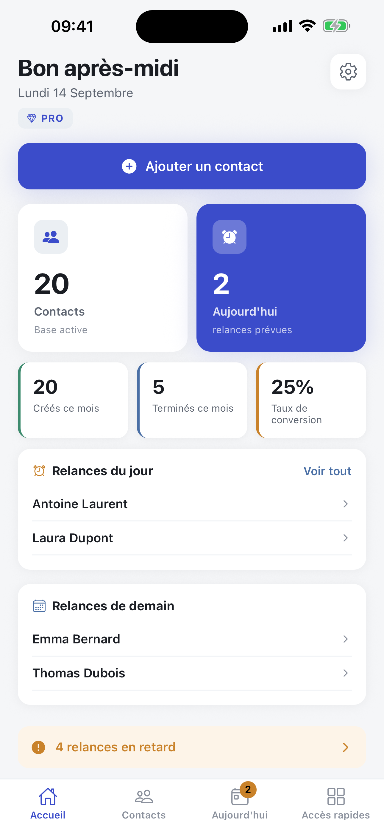 Tableau de bord FlowNova sur iPhone : contacts et relances du jour
