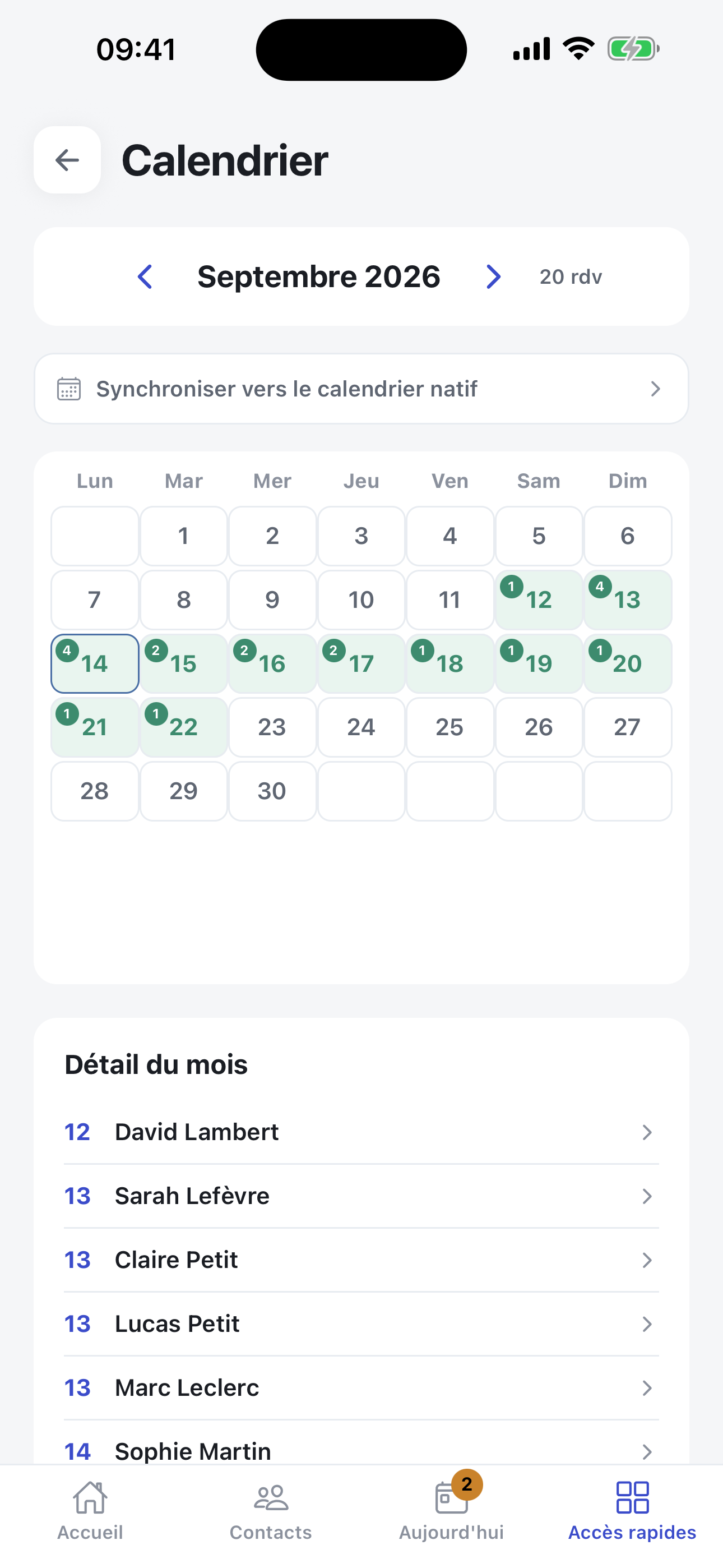 Calendrier des relances FlowNova sur iPhone
